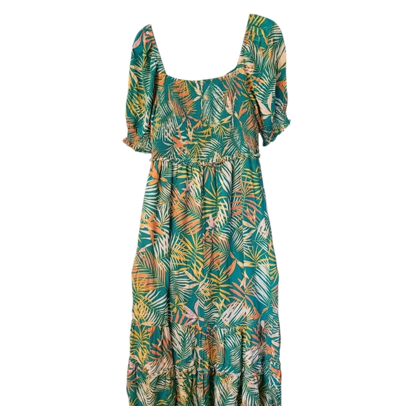 Betsey Johnson palm frond smocked. maxi dress - L.          G68 - Picture 2 of 10